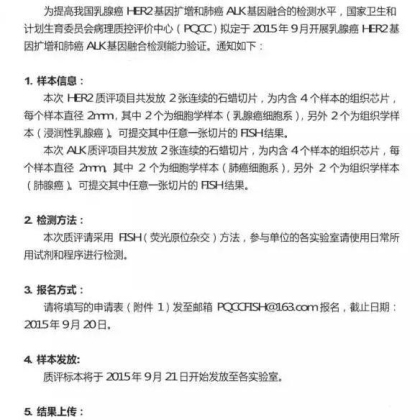 关于开展HER2基因扩增和ALK基因融合检测能力验证的通知