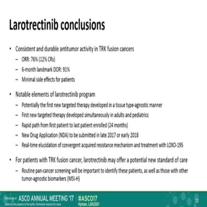 The efficacy of LOXO-101,a selective TRKI, in adult and pediatric TRK fusion cancers